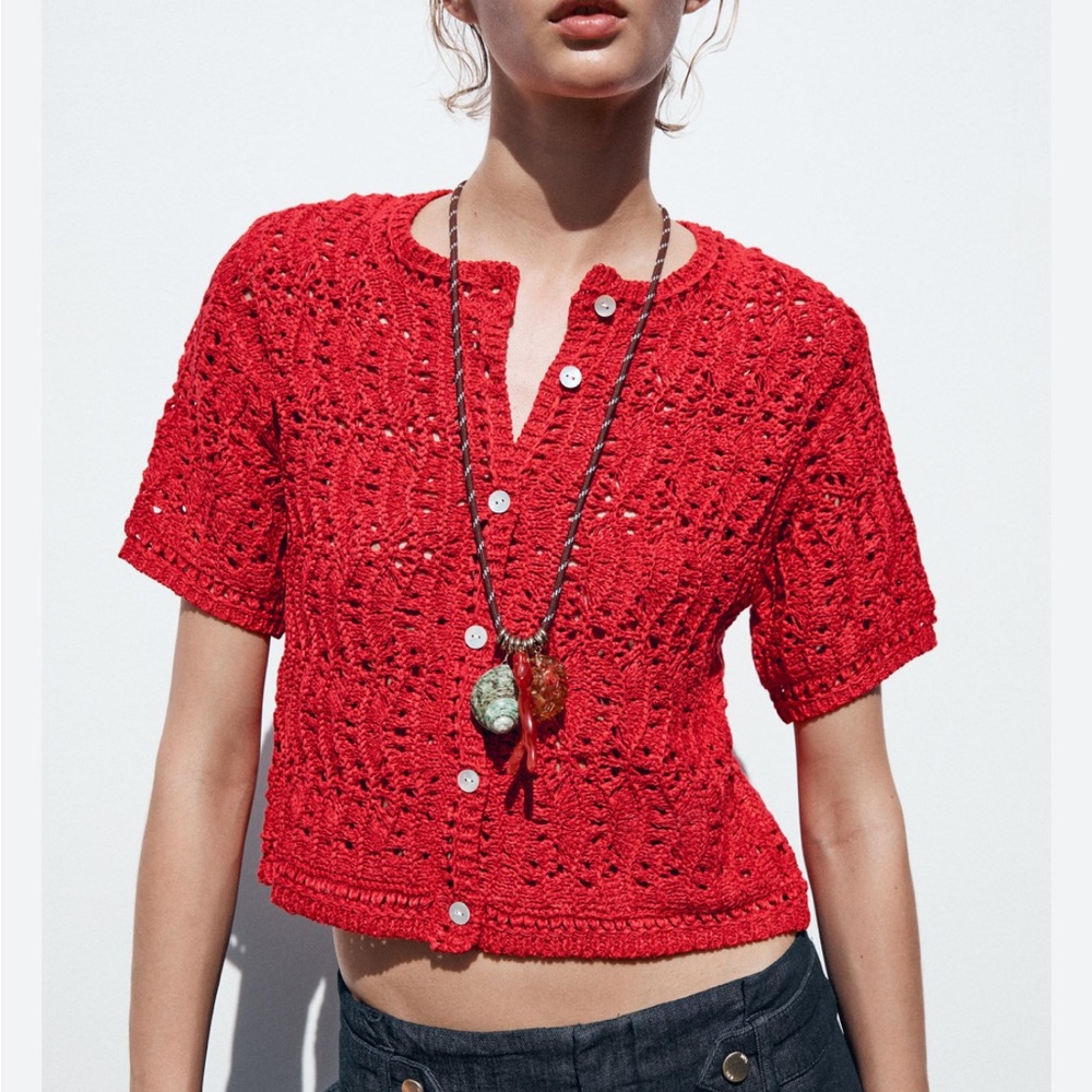 Zara Red Crochet Cardigan short sleeve size small